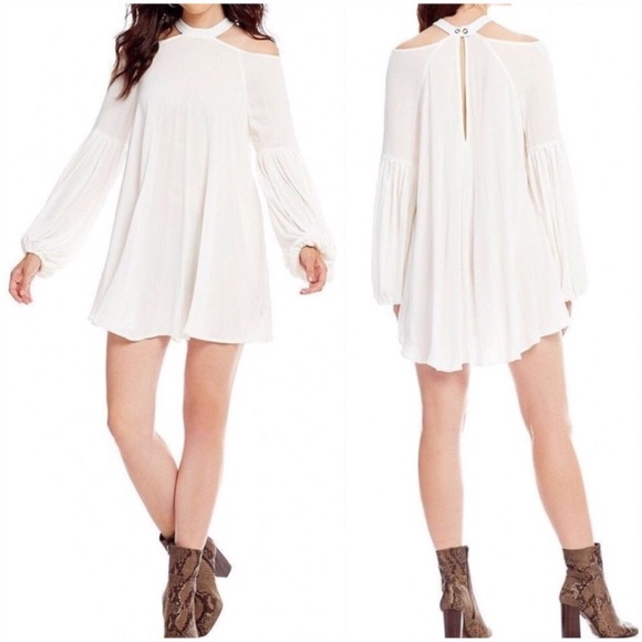 Free People Dresses & Skirts - Free People White Dress Tunic Drift Away Ivory Boho Long Sleeve Cold Shoulder XS